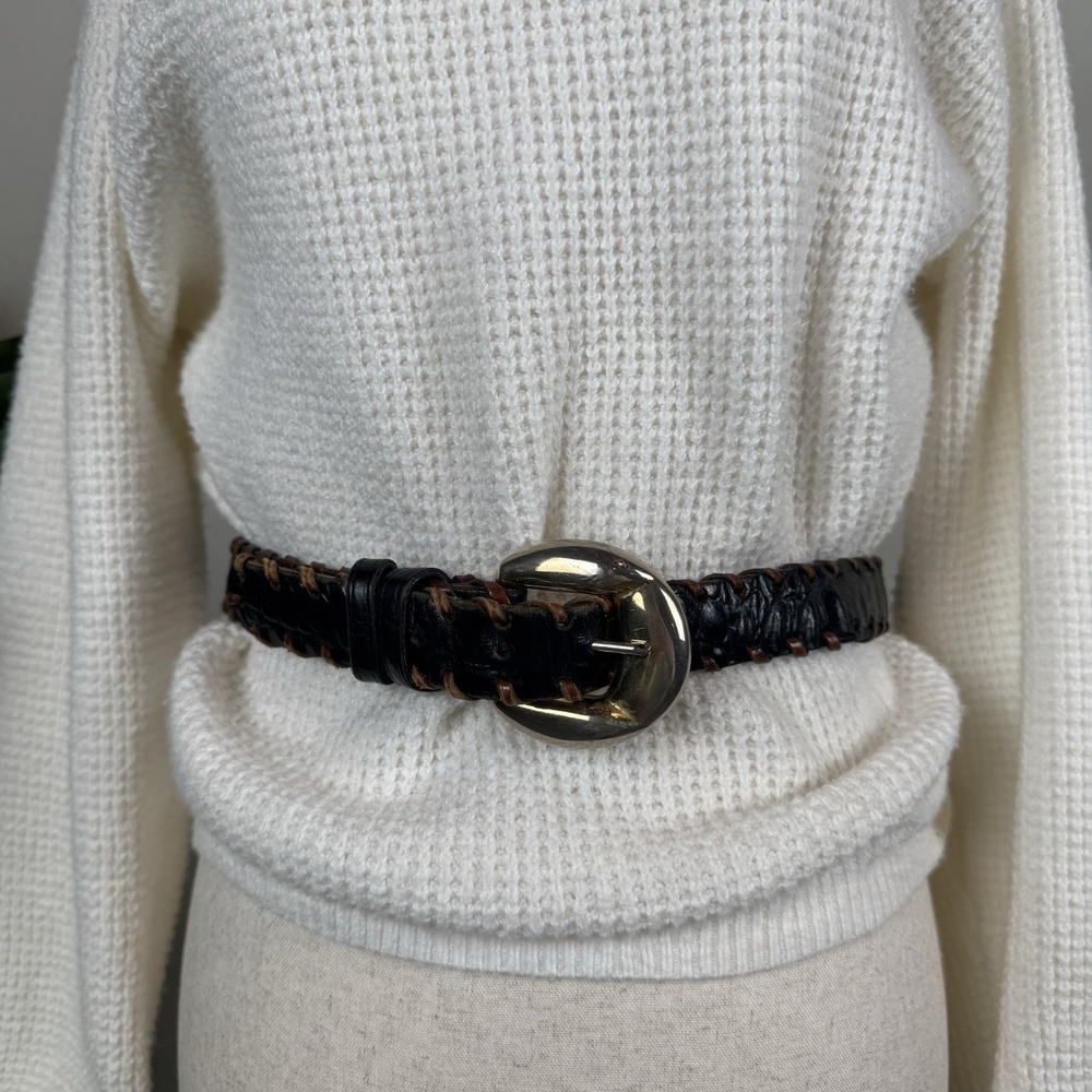 Vintage Croc Embossed Black Brown Leather Belt Gold-Tone Statement Buckle Size M